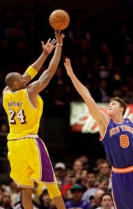 Kobe Bryant pours in two of his 33 against the Knicks.